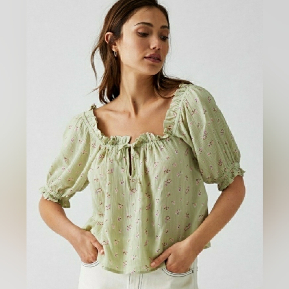 NEW Billabong Green Floral Women’s Sunny Skies Boho Cottagecore Top Sz M